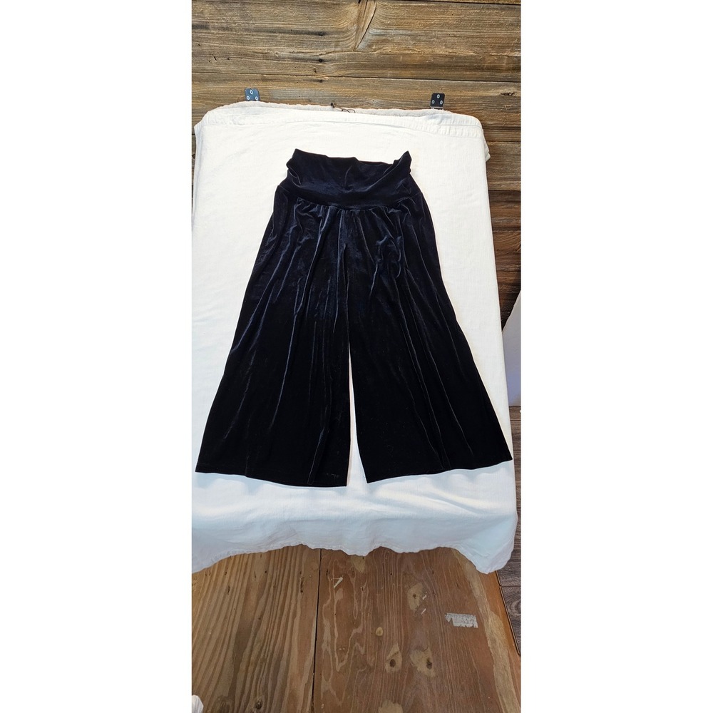 Ninety Women Black Velvet Wide Leg Flared Pants High Rise Stretchy Size L 5080